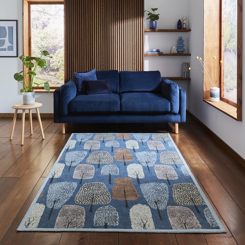 Scion Floral Digitally Printed 76cm X 150cm Area Rug, Round 152 cm, Dark Blue