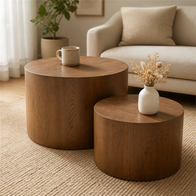 Modern round nesting coffee table set (two pieces), walnut wood side table, non-slip feet, suitable for various small spaces such as bedrooms, balconies, and terraces.