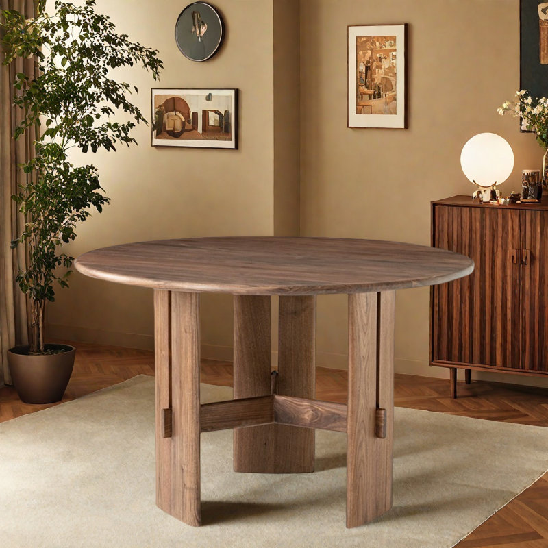 Table ronde rétro en noyer noir massif., H 29,53 po x L 51,18 po x l 51,18 po