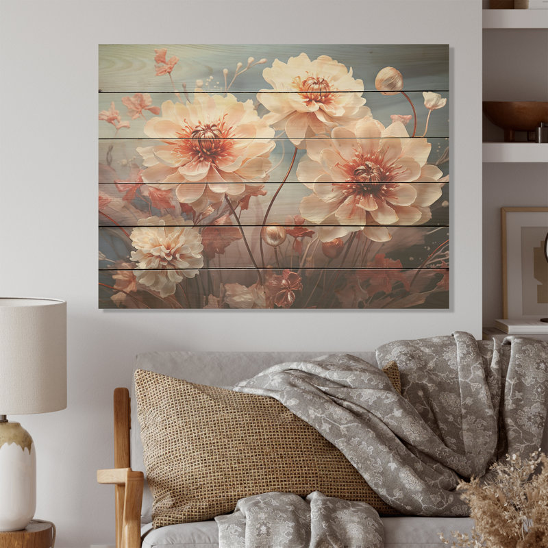 Délicat champ de fleurs délirantes - Art mural en bois sur bois de pin naturel, H 24 po x l 32 po