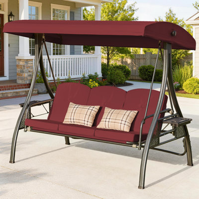 Upgraded 3-Person Convertible Outdoor Porch Swing with Canopy, 180° Adjustable Backrest, Cushions, Pillows, and Cup Holders(Square Tube,Red)