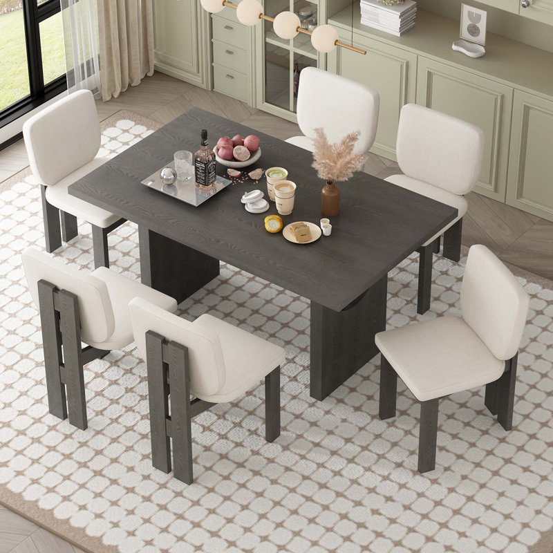 Table de salle à manger 7 pièces à base de tréteaux avec 6 chaises rembourrées, Gris, Gris
