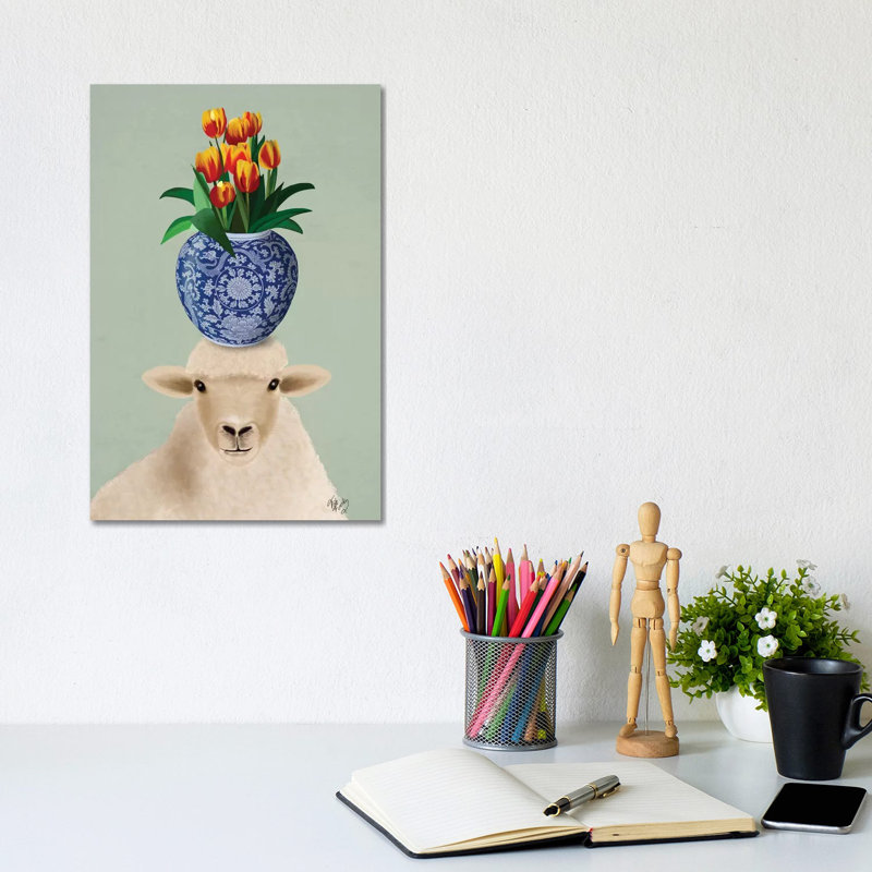 Sheep And Tulips by Fab Funky - Wrapped Canvas Gallery-Wrapped Canvas Giclée, 20.32 cm H x 30.48 cm W