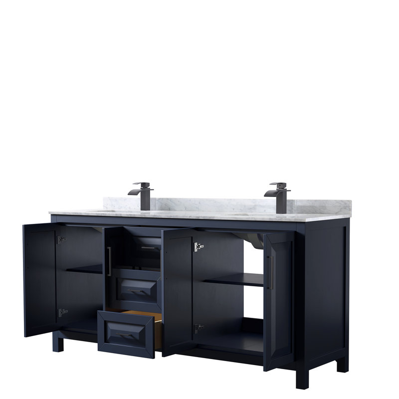 Daria 72'' W Double Vanity, Dark Blue, White Cultured Marble, Matte Black