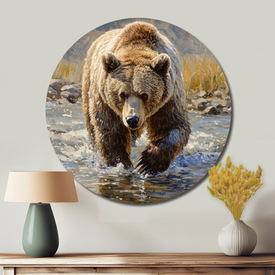 Grizzly By The River In Canada - Modern Brown Metal Art Print, Bear Round Metal Wall Art