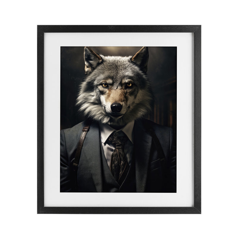 Impression tendance sous-verre loup Wall Street, par Ray Powers, H 21 po x l 17 po, Cadre noir minuit