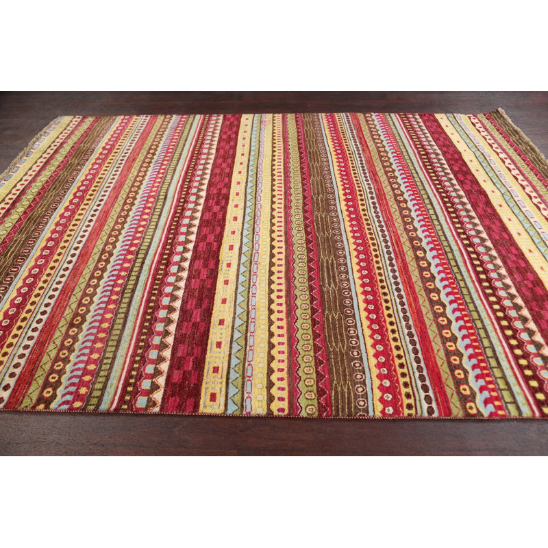 Tapis unique en laine noué à la main rouge / jaune / brun nouvel âge 6 pi 7 po x 9 pi 2 po Gabbeh