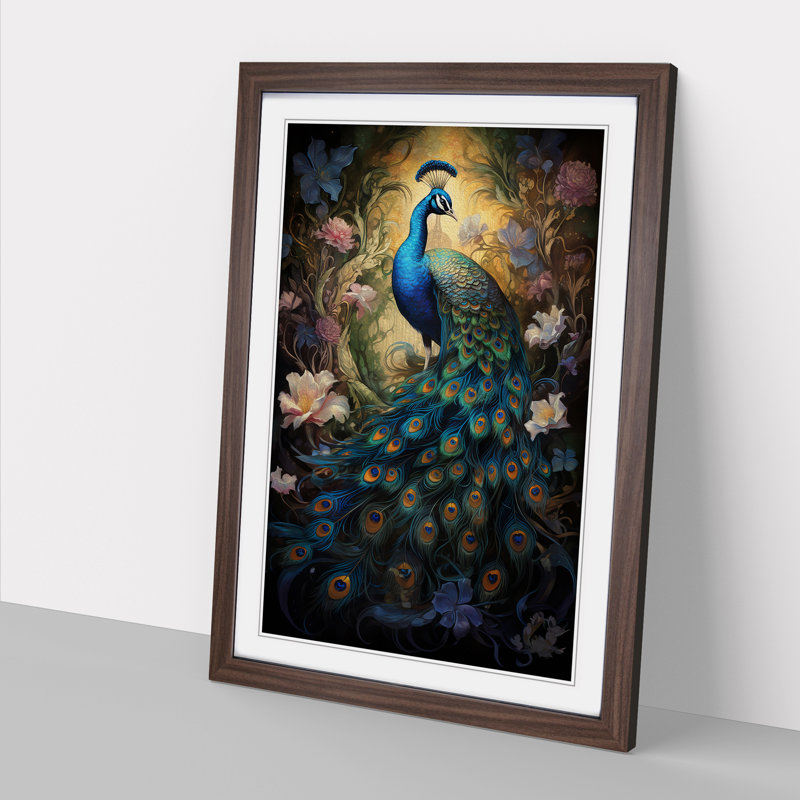 Peacock Baroque Framed Print, 64cm H x 46cm W, Walnut Framed