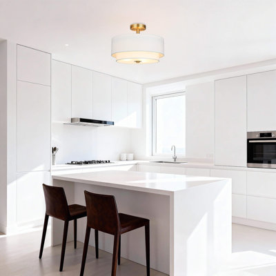 Plafonnier moderne à 3 lumières près du plafond de 16 pouces avec abat-jour en tissu blanc pour le salon d'entrée de chambre à coucher