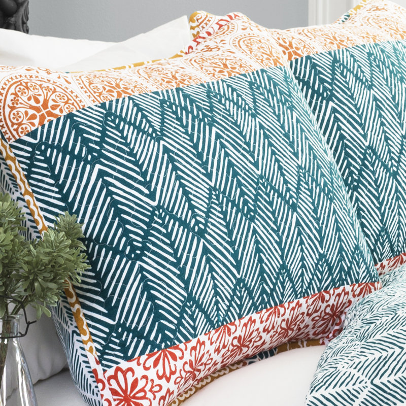 Bohemian 100% Cotton Reversible 3-Piece Quilt Set, Turqoise/Orange Geometric, King Quilt + 2 King Shams