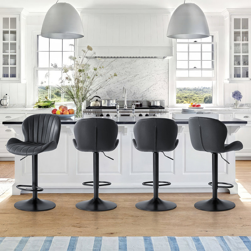 Swivel Adjustable Height Bar Stools, Leather Upholstered Counter Stools, Modern Pub Stool, Black, 4