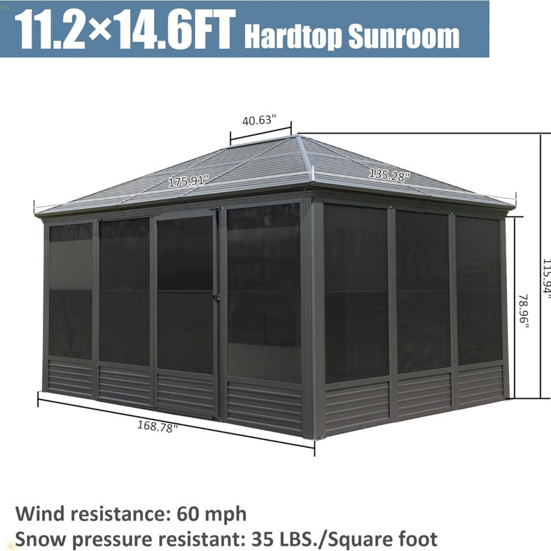 Sunroom, Four Season Solarium Aluminum Hardtop Gazebo With Galvanized Steel Roof, Movable PVC Screen Walls, Sliding Doors, Sun Room Pavilion Gazebo For Patio Deck Backyard