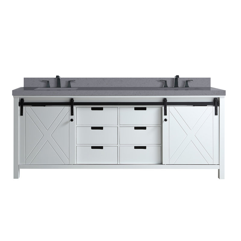 Marsyas 80 in W x 22 in D Double Bath Vanity Top with Faucet Set, Grey Quartz, White