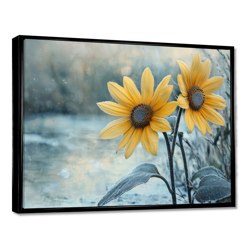 «Doneva Sunflowers By The Frozen Pond II», art mural tournesols pour le salon, H 12 po x l 20 po, Noir, noir, noir, noir