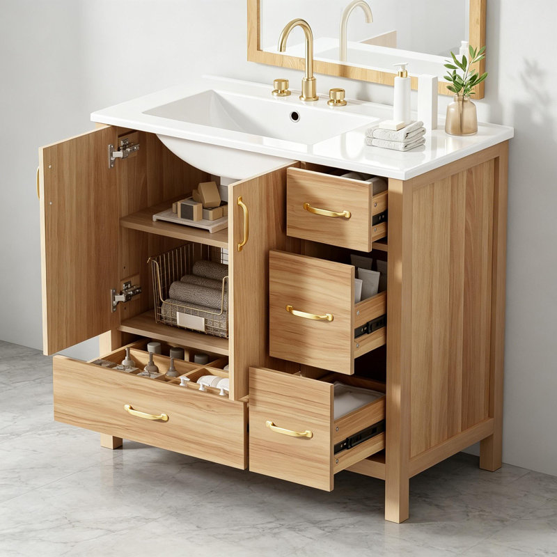 Meuble-lavabo autoportant en bois avec 2 portes et 4 tiroirs 