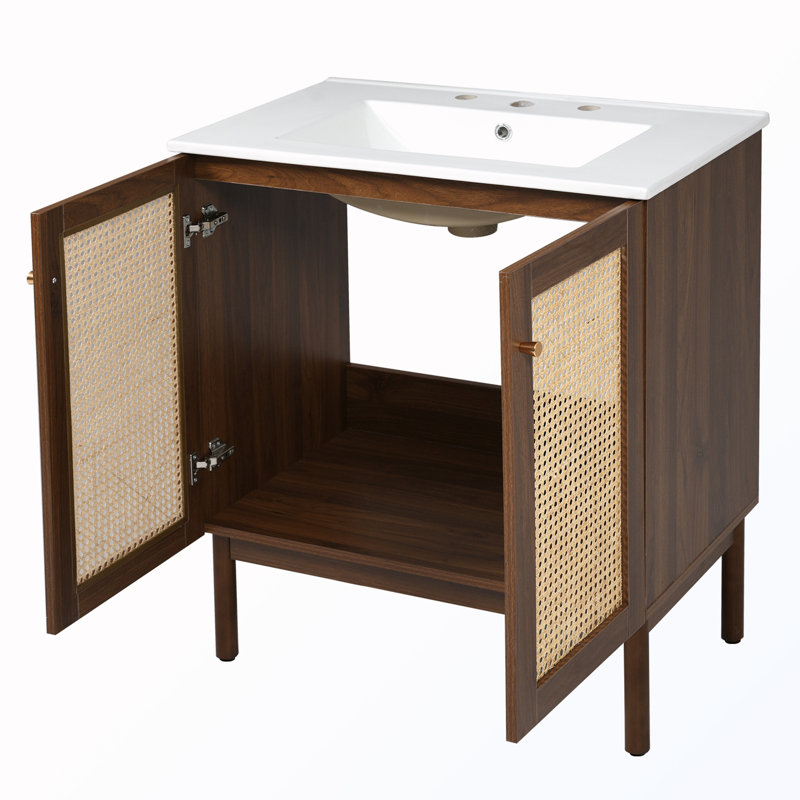 meuble-lavabo avec portes en rotin faites à la main et mécanismes de fermeture en douceur, Noyer foncé