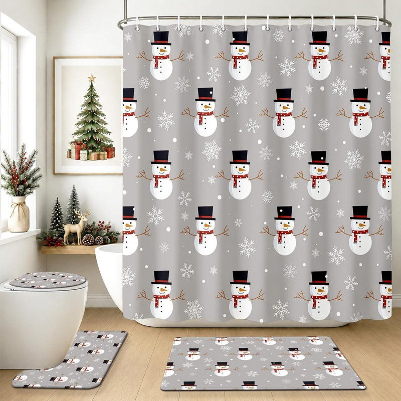 Ensemble de rideau de douche et tapis 4 pièces Snowman