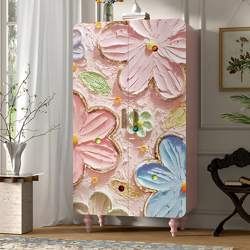 Armoire de rangement française à double porte en bois de pin rose romantique français