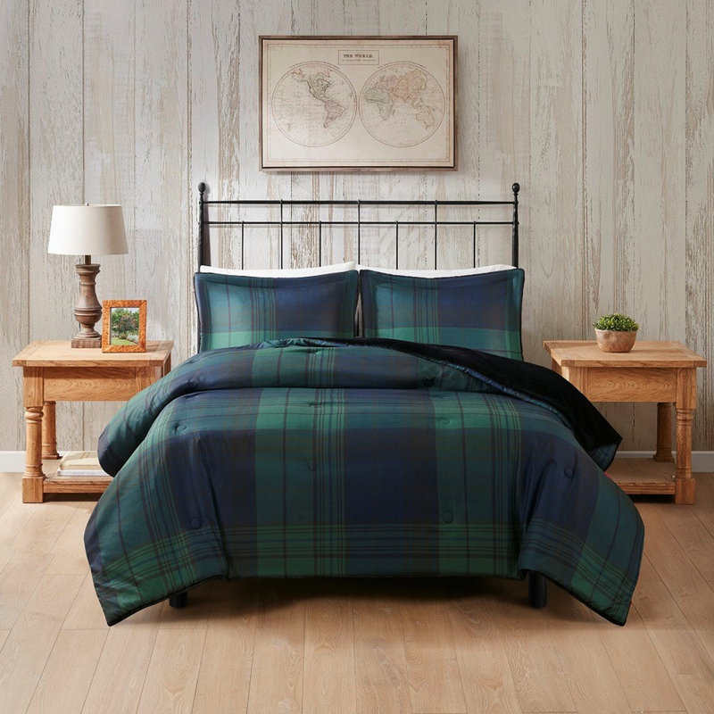 Édredon multicolore en fausse laine à fourrure pour très grand / très grands lits avec détails - Inspiration écossaise, Vert