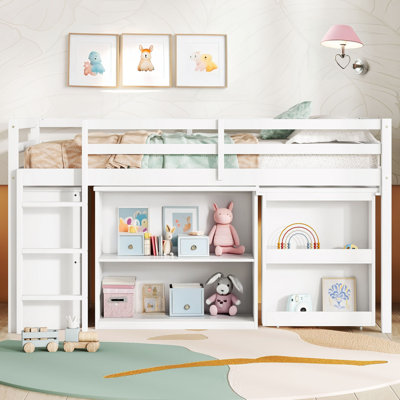 4-In-1 White Loft Bed With Storage Cabinets, Pull-Out Desk, And Safety Features ? Perfect Bed For Small Rooms