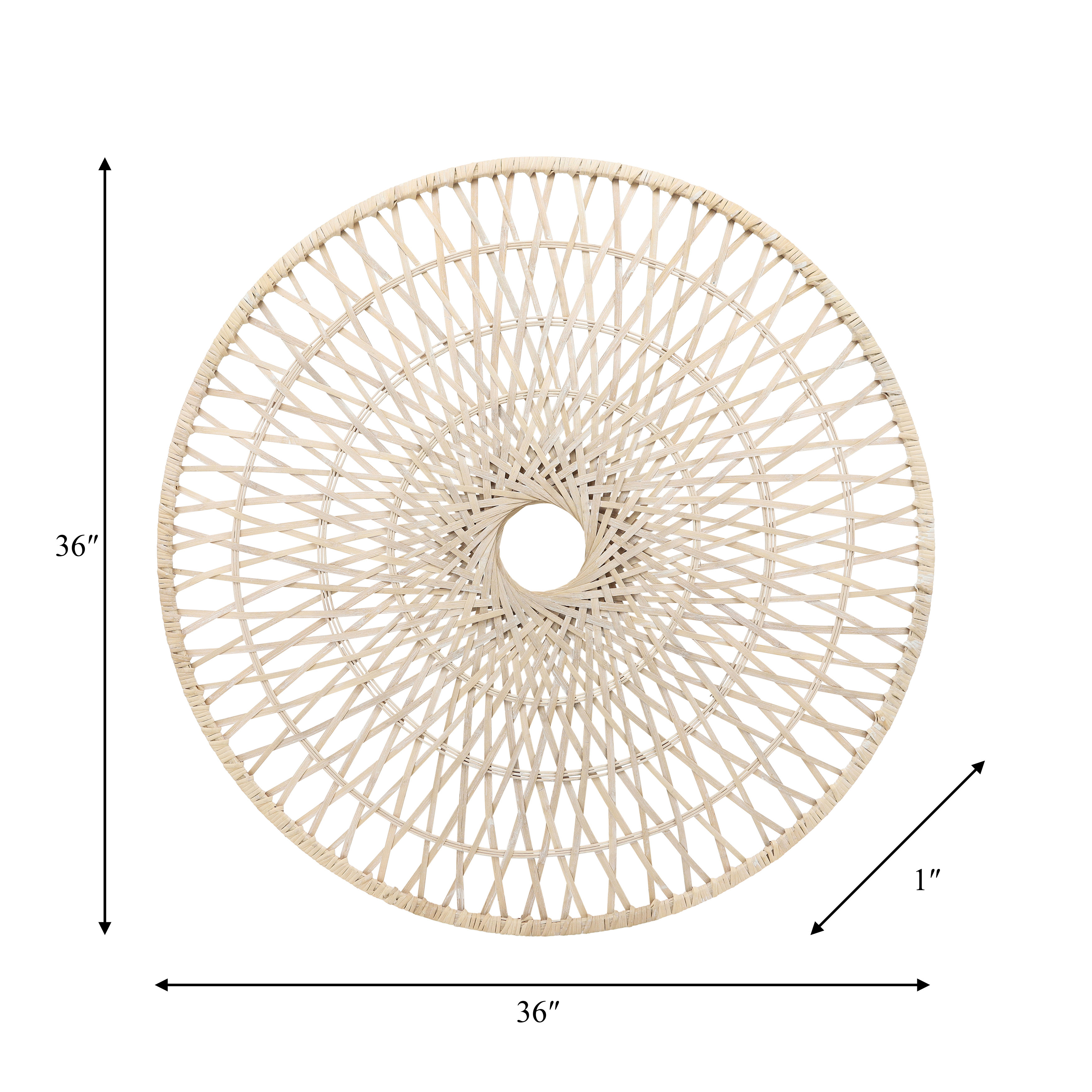 Boho Woven Bamboo Wood & Rattan Wall Hanging - 36" Round Decorative White Wall Art for Home, Office, Bedroom, Living Room - Casual Handmade Accent Decor