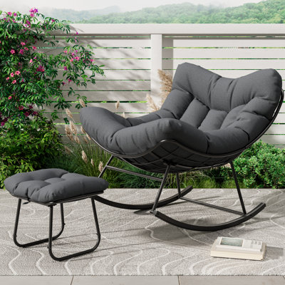 Rattan Outdoor Lounge Chair with Soft Cushion - Oversized Papasan Egg Rocking Chair with Ottoman, 350 lb Capacity, Sturdy Metal Frame for Patio, Balcony, Porch, Bedroom (Gray)