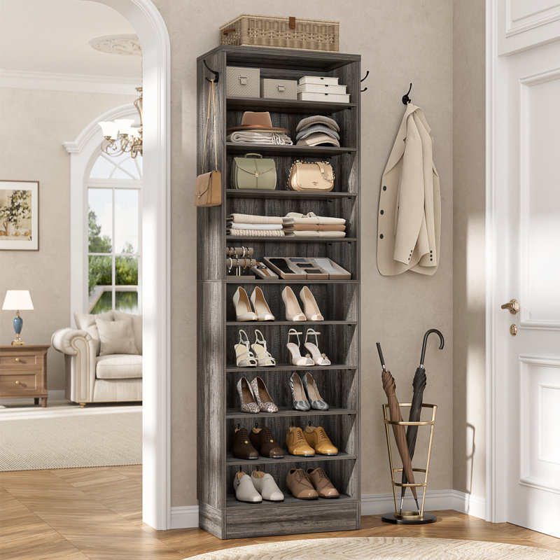 Armoire de rangement pour chaussures, étagère à chaussures étroite en bois 10 niveaux, Chêne noir