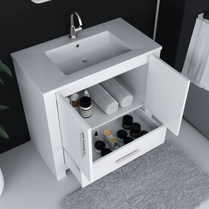 Boston 36'' Single Bathroom Vanity with Resin Top, White