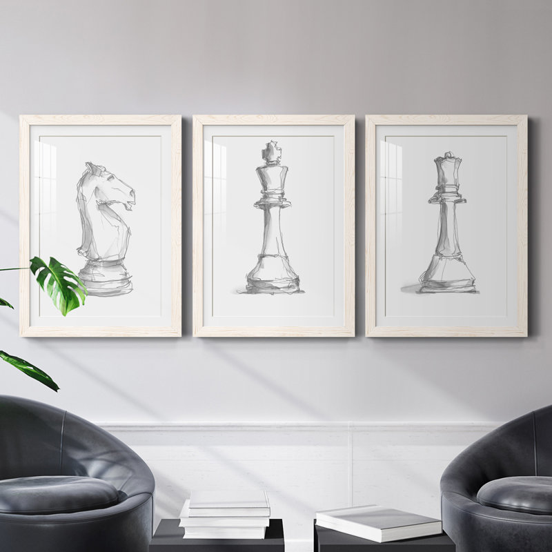 Chess Room Study I - Ensemble de 3 reproductions de cadres photo, H 37,5 po x l 82,5 po x P 1,5 po, Blanc