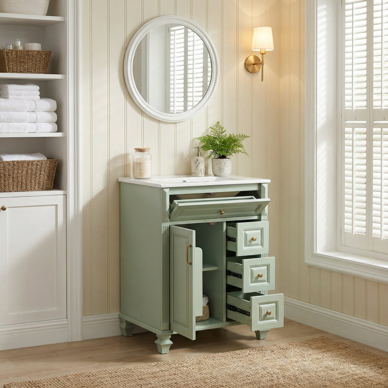 Meuble-lavabo autoportant vert 24 po avec lavabo en céramique, tiroir escamotable et 3 tiroirs, fabriqué en bois massif et en panneau de fibres à densité moyenne