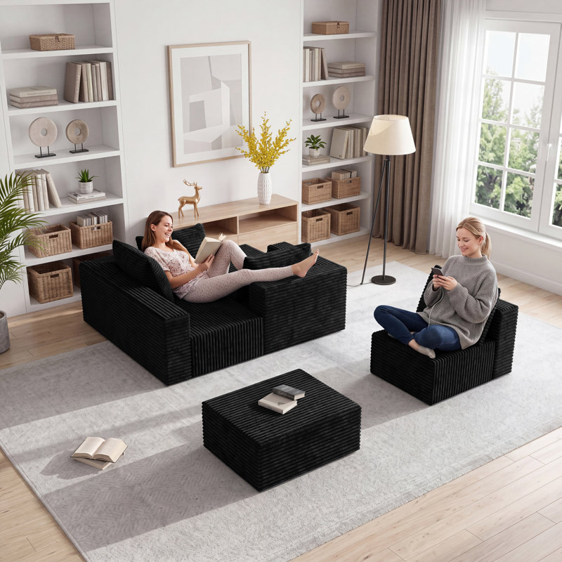 Armless Bean Bag Chair & Lounger Fireside Chair, Mid Century Foam Chair, Black Corduroy