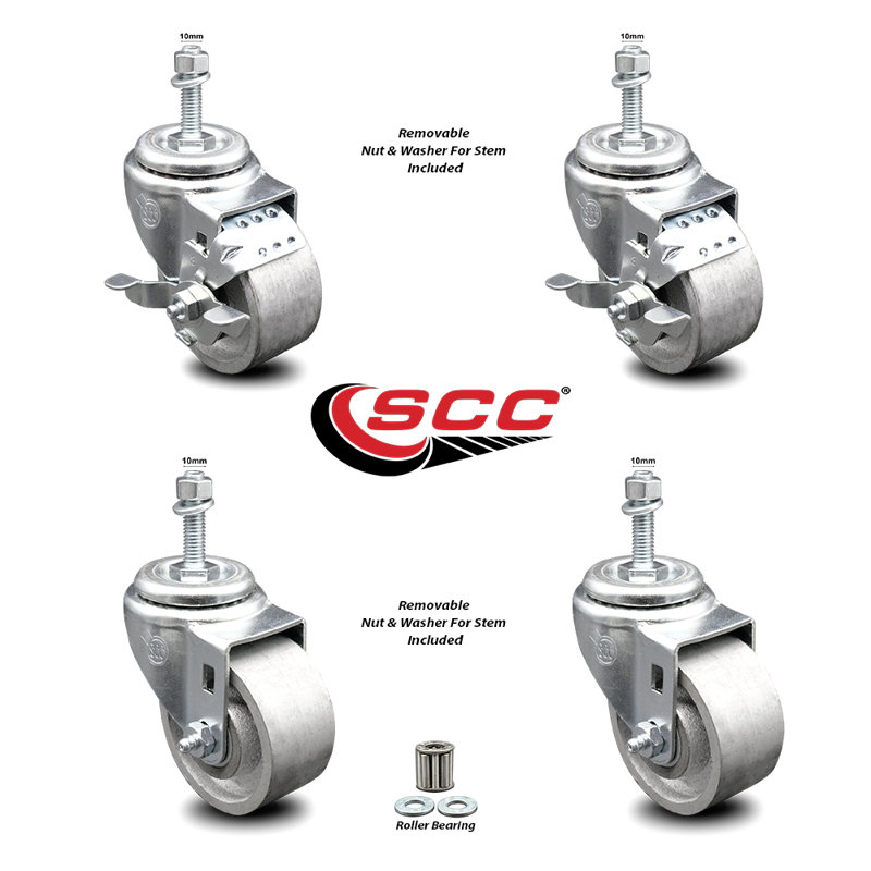 Ensemble de roulettes semi-pivotantes en acier inoxydable 4 avec roulement à rouleaux, roue de 3 po et tiges de 10 mm, 2 avec frein