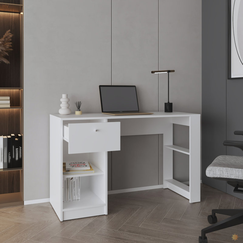 Bureau d'ordinateur, 1 tiroir, 2 tablettes, Blanc