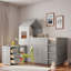 Lit mezzanine en bois avec bureau, tiroirs et armoires-867393474
