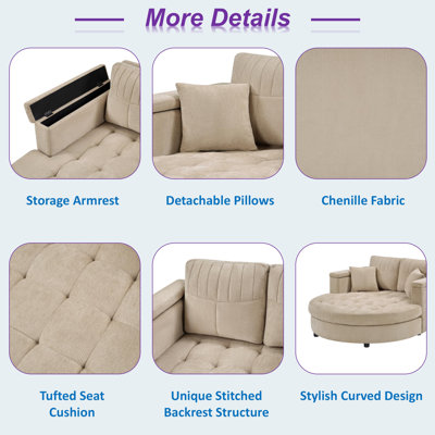 Chaise longue incurvée rembourrée avec accoudoir de rangement, siège capitonné et coussins amovibles