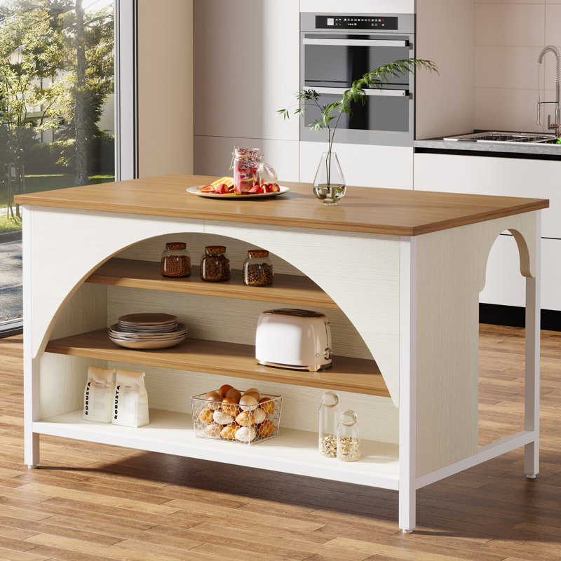 Kitchen Island With 3 Storage Shelves, 55 Inch Farmhouse Kitchen Shelf Bar Table With Large Worktop, White