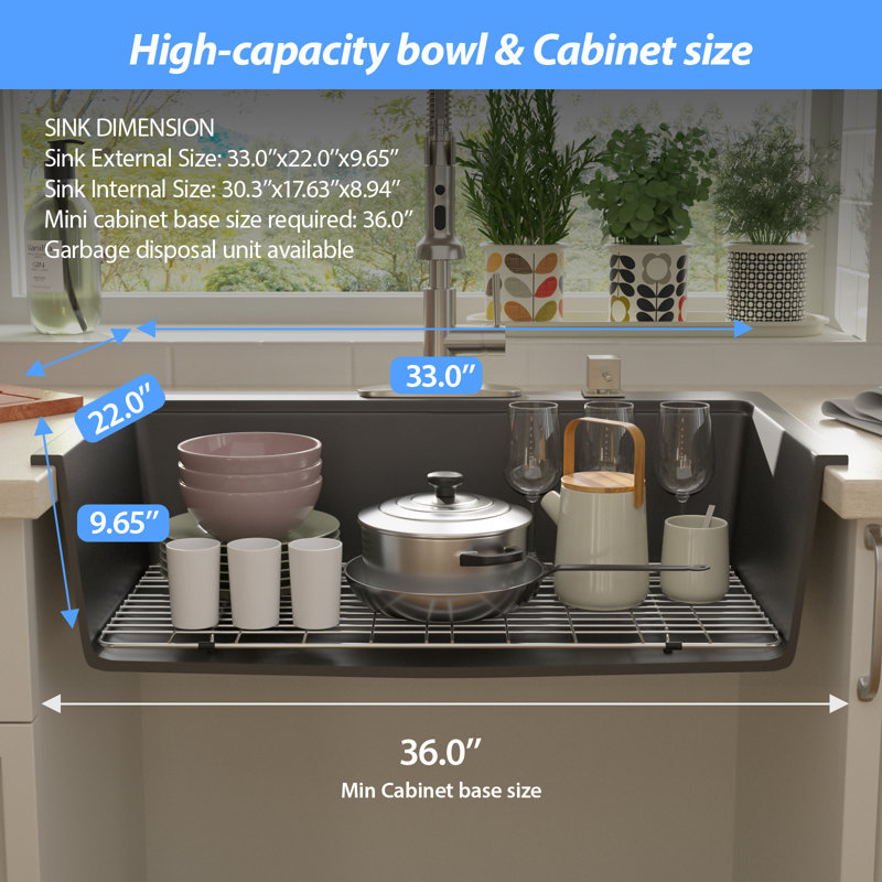 L 33 po x l 22 po Évier de cuisine en granite à évier encastré en quartz, Noir
