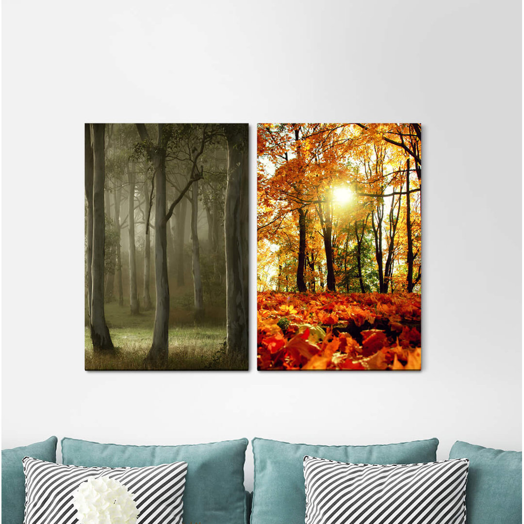 2-tlg. Leinwandbilder-Set - Fotografie „Autumn Leaves Forest Sun Rays Warm Light Peaceful Relaxing”