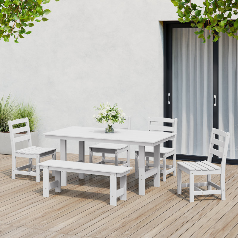 6-Piece Side Chair Dining Set With Bench, White