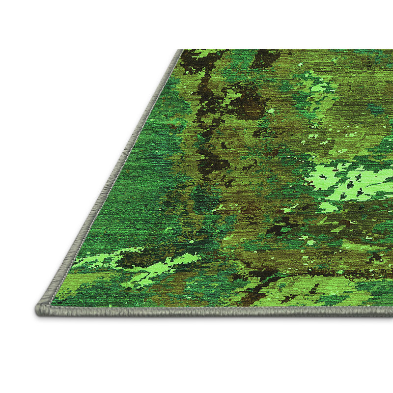 Tapis abstrait en chenille / polyester tissé à la machine en vert / brun / jaune, Rectangle 2 pi x 3 pi