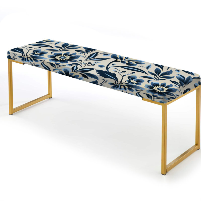 Nordic Damask Peonies Simplicity - Floral Upholstered Gold Bench
