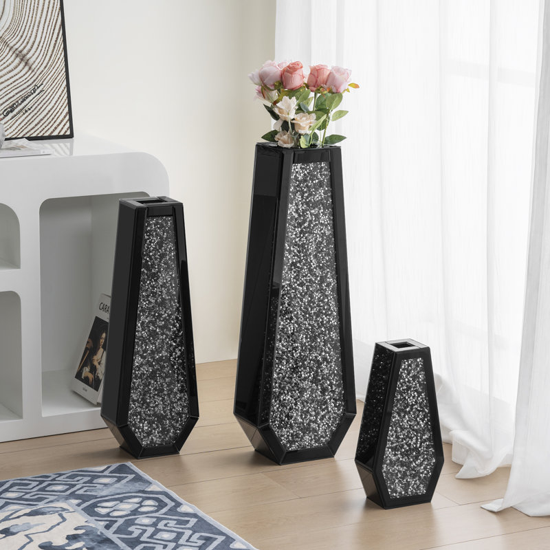 DeGrailly Modern Handmade Mirrored Glass Floor Vase, Black, 30" H x 10.63" W x 5.33" D