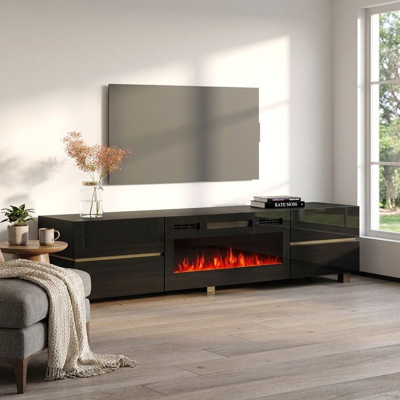 Kylene 70.9" Modern TV Stand with Electric Fireplace, High Gloss Finish, Media Storage, Black