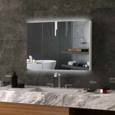 Lighted Bathroom Cabinet With Mirror - High Gloss White, 3-Color Led, Wall Mounted, Adjustable Shelves Storage 35.5"W X 6"D 25.5"H, Powered