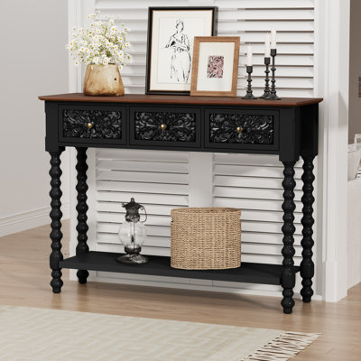 Console de 42 po avec 3 tiroirs et détails botaniques sculptés à la main, table d'appoint en bois avec rangement et pieds fuselés
