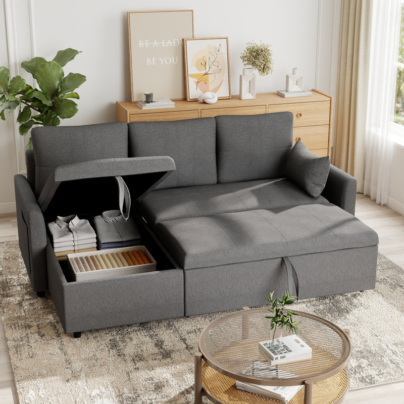 Canapé-lit modulaire convertible de 80,7 po avec lit escamotable, méridienne de rangement et poche de rangement latérale