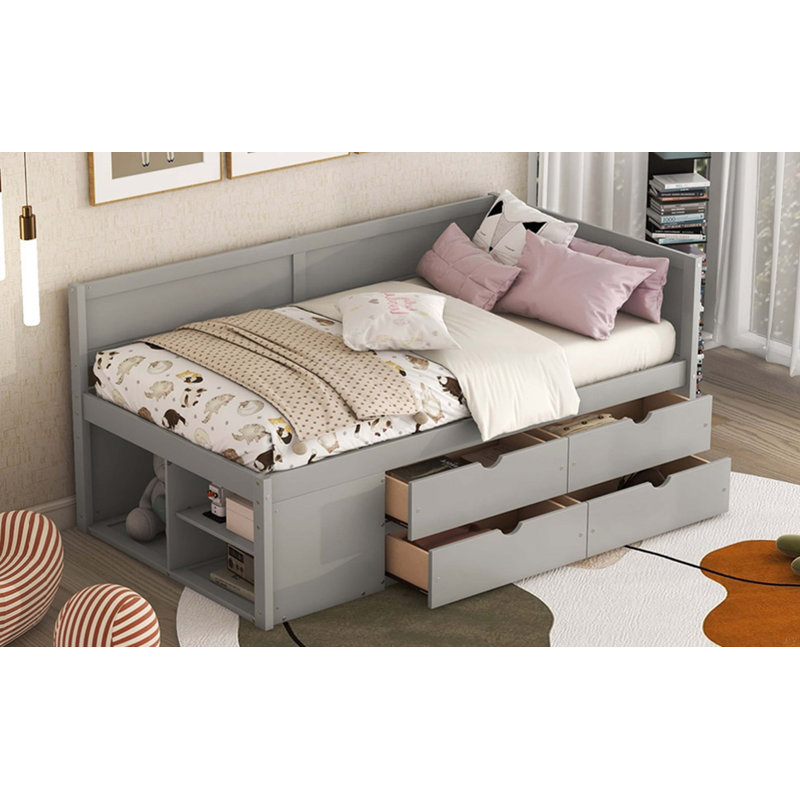 Lit de jour simple avec tiroirs et tablettes, Gris, Lit simple