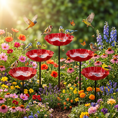 5 Pack Metal Flower Shaped Bird Bath Feeder Stakes, 24 Inch Tall Outdoor Standing Bird Seed Tray, Rustproof Red Bird Feeder for Garden Lawn Yard Backyard Wild Bird Watching Decor