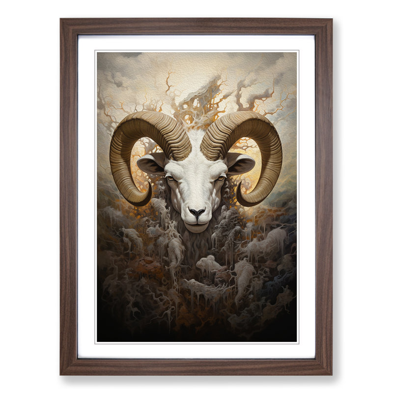 Ram Sheep Symbolism - Single Picture Frame Print on Wood, Walnut Framed, 34cm H x 25cm W x 2cm D