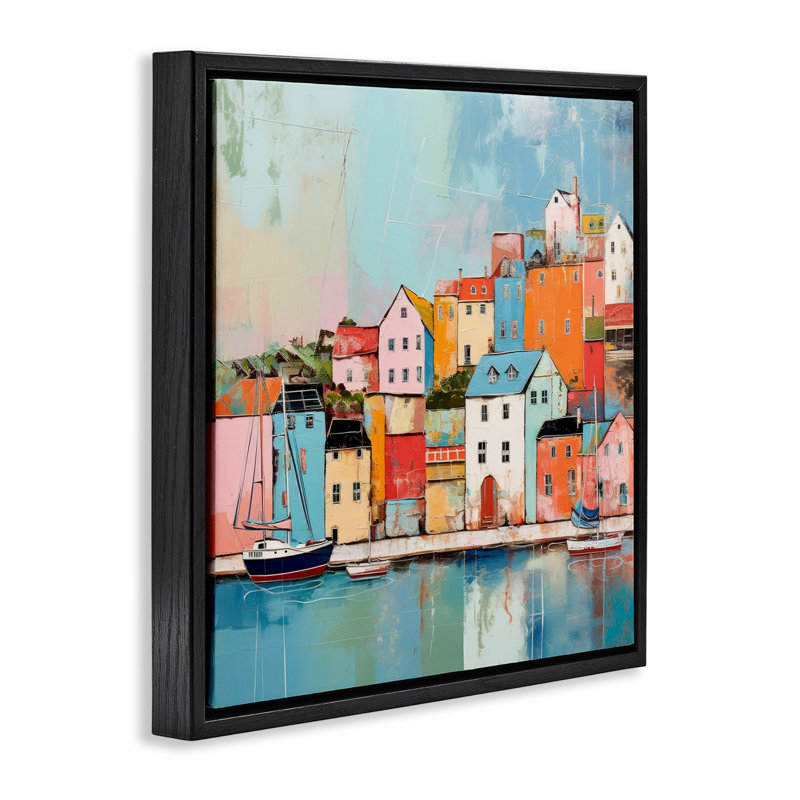 Peinture de quartier bord de mer, Cadre flottant noir de jais, H 18 po x l 18 po
